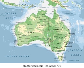 Physical map of Australia in Mercator projection. Highly detailed, editable with clearly labeled, separated layers. Vector illustration.