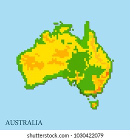 Physical map of Australia on a blue background. Pixel art. Vector illustration.
