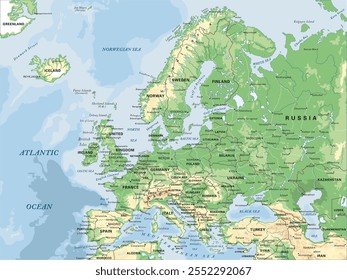 Physical map of Europe in Mercator projection. Highly detailed, editable with clearly labeled, separated layers. Vector illustration.