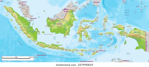 Physical map of Indonesia vector illustration