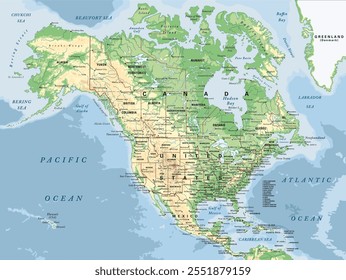 Mapa físico de América del Norte en la proyección de Mercator. Altamente detallado, editable con capas claramente etiquetadas y separadas. Ilustración vectorial.