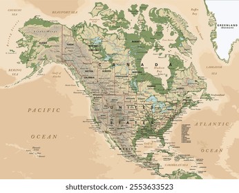 Physical map of North America in Mercator projection. Highly detailed, editable with clearly labeled, separated layers. Vector illustration.