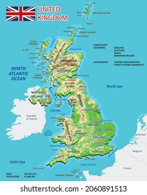 Mapa físico del Reino Unido. Mapa detallado de Inglaterra, Escocia e Irlanda con etiquetado. Ilustración vectorial.