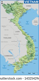 Physical map of Vietnam with detailed of Road network and Cities name