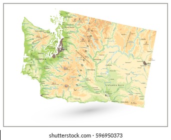 Physical map of Washington state isolated on white with a main relief, rivers, lakes and highways.