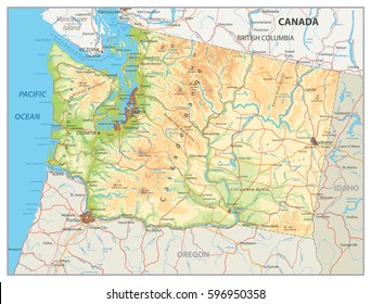 Physical map of Washington state with a main relief, rivers, lakes and highways.