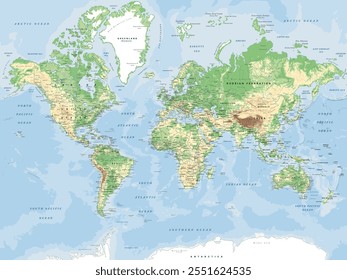 Mapa físico do Mundo na projeção de Mercator. Altamente detalhado, editável com camadas separadas e claramente identificadas. Ilustração vetorial.