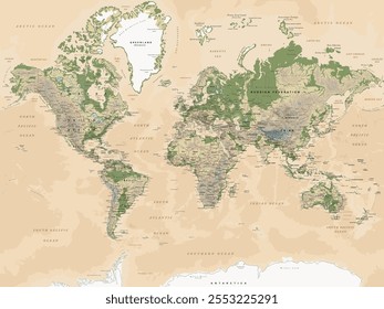 Mapa físico do Mundo na projeção de Mercator. Altamente detalhado, editável com camadas separadas e claramente identificadas. Ilustração vetorial.