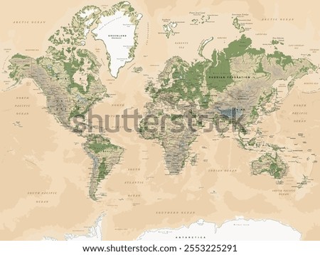 Physical map of the World in Mercator projection. Highly detailed, editable with clearly labeled, separated layers. Vector illustration.