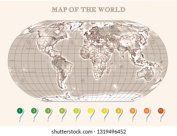 Physical map of the World with outlines, major capitals, infographic