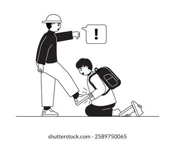 Physical and mental bullying by students due to differences that cause victims to feel pain and stress, black and white outline style, social issues vector illustration.