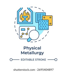 Physical metallurgy multi color concept icon. Structure, properties, behavior of metals and alloys. Ironmaking industry. Round shape line illustration. Abstract idea. Graphic design. Easy to use in