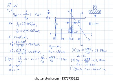 Physical notation with the equations, figures, schemes, plots and other calculations on workbook  page. Retro handwritten vector illustration. Scientific and educational background.