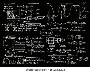 Physical notation with the equations, figures, schemes, plots and other calculations on chalkboard. Retro handwritten vector illustration. Scientific and educational background.