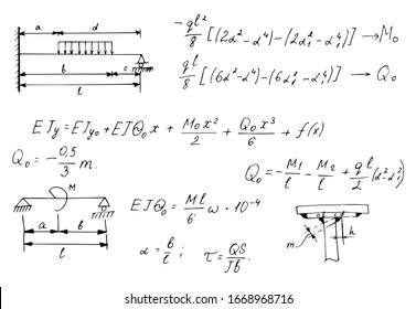 Physical notation with the equations, figures, schemes, plots and other calculations on whiteboard. Handwritten vector illustration. Retro scientific and educational background.