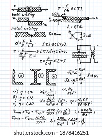 Physical notation with the equations, figures, schemes, plots and other calculations on notebook page. Retro handwritten vector illustration. Scientific and technology background.