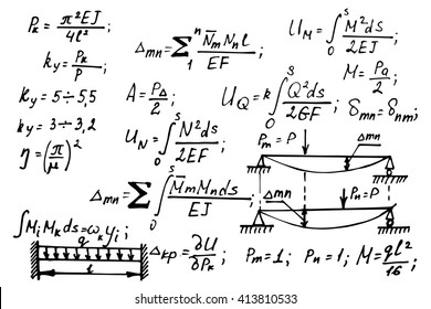 Physical notation with the equations, figures, schemes, plots and other calculations on whiteboard. Handwritten vector illustration. Scientific and educational background.