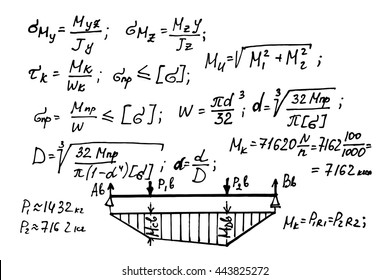 Physical notation with the equations, figures, schemes, plots and other calculations on whiteboard. Handwritten vector illustration. Vintage scientific and educational background.