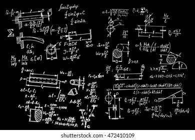 Physical notation with the equations, figures, schemes, plots and other calculations on school board. Handwritten vector illustration. Education background.