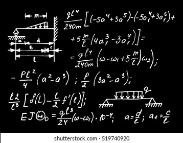 Physical notation with the equations, figures, schemes, plots and other calculations on school board. Handwritten vector illustration. Scientific background.