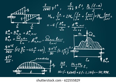 Physical notation with the equations, figures, schemes, plots and other calculations on school board. Handwritten vector illustration. Scientific and education background.