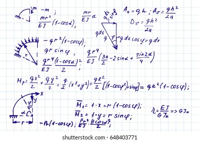 Physical notation with the equations, figures, schemes, plots and other calculations on notebook page. Handwritten vector illustration. Scientific background.