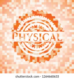 Physical orange tile background illustration. Square geometric mosaic seamless pattern with emblem inside.