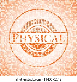 Physical orange tile background illustration. Square geometric mosaic seamless pattern with emblem inside.