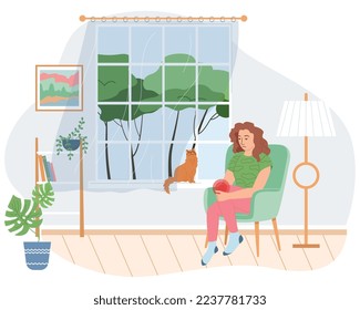 Dolor físico y lesión Composición plana con un acogedor escenario interior y mujer en silla sujetando la ilustración del vector de rodilla