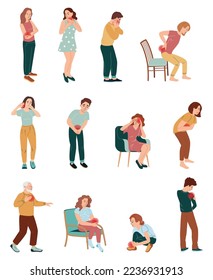 Physical pain and injury flat icon set of isolated human characters having various kinds of pain vector illustration