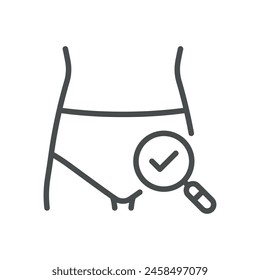 Physical Pelvic Examination Icon. Line Vector Illustration of Pelvis with Magnifying Glass and Check Mark, Symbolizing Medical Check-Up and Health Evaluation. Isolated Outline Sign.