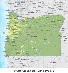 Mapa político físico de Oregon, Estados Unidos da América