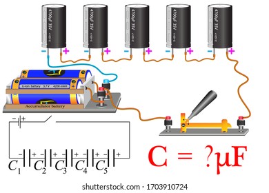 The physical problem, the electrical circuit of the series connection of capacitors, you need to calculate the total capacity of the capacitor bank.