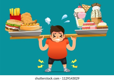 Physical problems of obesity. People unhealthy body from eating junk food. The food that is not useful causes a penalty.