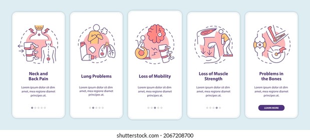 Physical problems to treat onboarding mobile app page screen. Healthcare walkthrough 5 steps graphic instructions with concepts. UI, UX, GUI vector template with linear color illustrations
