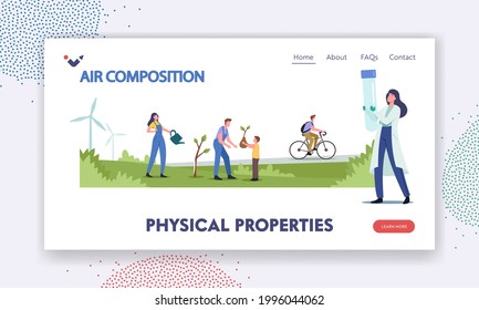 Physical Properties Landing Page Template. Characters Planting Trees, Use Eco Transport and Green Energy for Nature Protection, Scientist Measure Air Composition. Cartoon People Vector Illustration