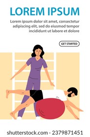 Physical rehabilitation clinic. Doctor woman and patient man. Balance on the ball. Therapy and exercise. Kinesiology and physiotherapy. Flat vector illustration. Design for website, poster