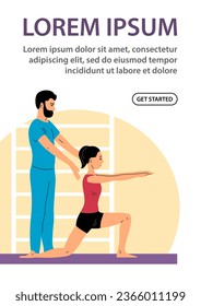 Physical rehabilitation clinic. Girl patient doing exercises under the supervision of man doctor. Therapy and recovery. Flat vector illustration. Design for website, banner