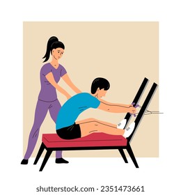 Physical rehabilitation clinic. Man patient doing exercises under the supervision of woman doctor. Therapy and recovery. Flat vector illustration