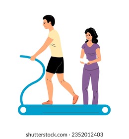 Physical rehabilitation clinic. Man patient is exercising on a treadmill under the supervision of a trainer doctor woman. Therapy and recovery. Flat vector illustration