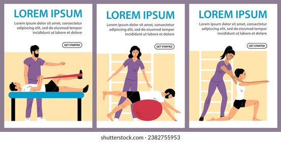 Physical rehabilitation clinic. Young man and woman patient doing exercises. Physiotherapist helps. Therapy and recovery. Set poster website. Flat vector illustration