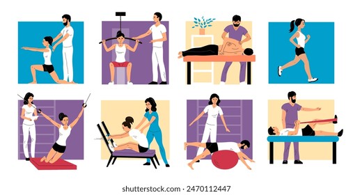 Physical rehabilitation clinic. Young woman patient doing exercises. Physiotherapist helps. Therapy and recovery. Set images. Flat vector illustration