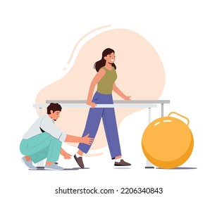 Physical Rehabilitation Concept. Doctor Helps Patient To Walk After Injury Or Medical Operation During Physio Therapy. Treatment For Character With Disabilities. Cartoon People Vector Illustration svg