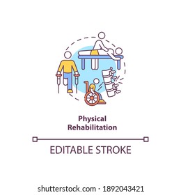 Physical rehabilitation concept icon. Physiology therapist. Trauma recovery. Clinical treatment. Kinesiology idea thin line illustration. Vector isolated outline RGB color drawing. Editable stroke