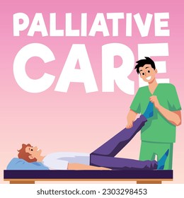 Physical rehabilitation and palliative therapy banner or poster medical care concept with doctor helping patient to recover and relief pain, flat vector illustration.