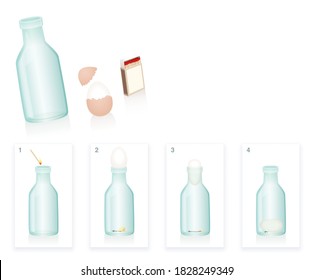 Physical school experiment with boiled egg sucked into a bottle because of vacuum caused by falling temperature. Procedure and solution in four steps. Vector on white.
