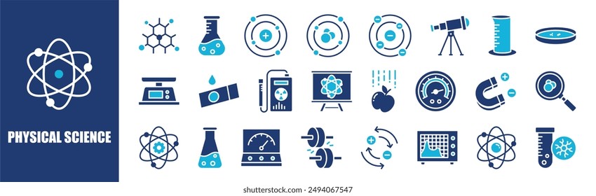 Conjunto de colecciones de iconos de Ciencia física. Conteniendo diseño, educación, ciencia, física, concepto, física y más. Iconos de vector sólido colección