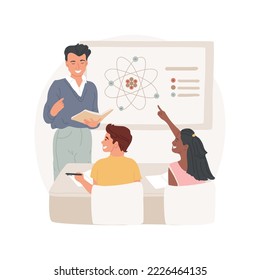 Physical science isolated cartoon vector illustration. Structure of atom poster, teacher explains interaction of elements, middle school physical science, introduction to matter vector cartoon.