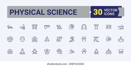 Physical Science isolated icon set. It contains symbols to engineering, formula, theory, electron, equation, nuclear, calculus and more. Minimal linear icons. Editable stroke. Vector illustration.