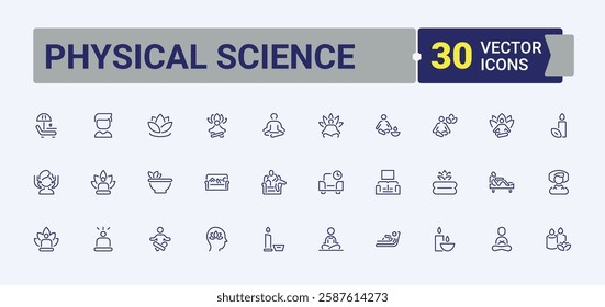 Physical Science isolated icon set. It contains symbols to engineering, formula, theory, electron, equation, nuclear, calculus and more. Minimal linear icons. Editable stroke. Vector illustration.